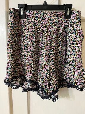 Floral Lace-Hem Shorts - Navy with Pink & Pastel Flowers